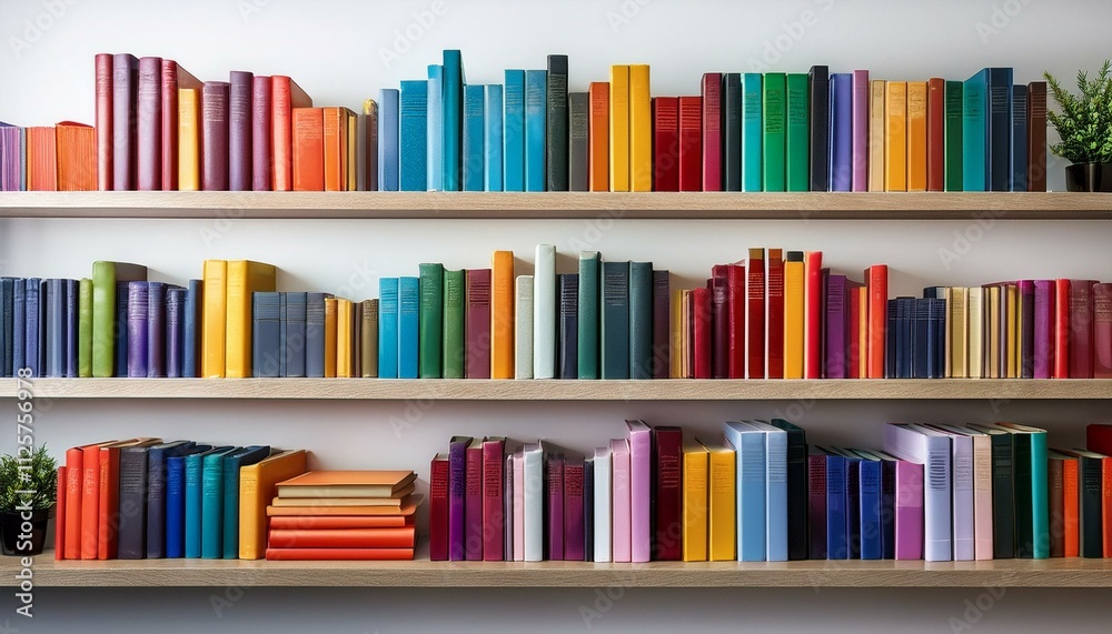 Fototapeta premium 白背景の中、カラフルな本が美しく並べられた本棚のシンプルな美 