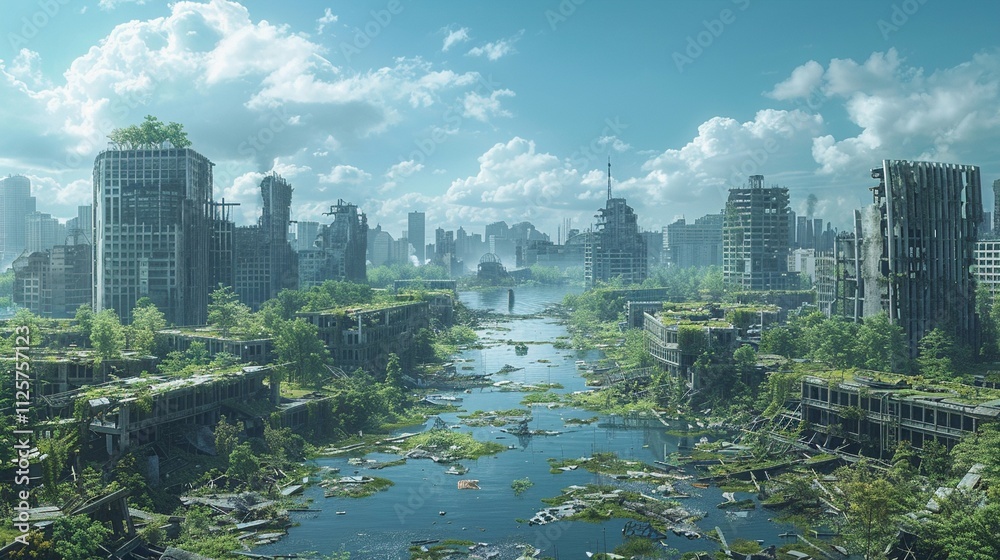 Obraz premium 緑に覆われた荒廃した都市18