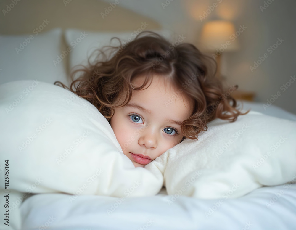 A child with brown hair peeks out playfully from a fluffy white pillow, vibrant blue eyes radiating warmth and coziness. A child with brown hair peeks out playfully from a fluffy white pillow, vibrant blue eyes radiating warmth and coziness.