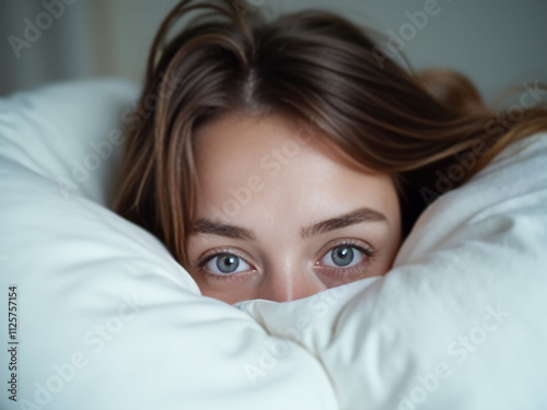 Young woman with curly blonde hair peeks playfully from under a fluffy white comforter, her blue eyes radiating warmth and coziness.