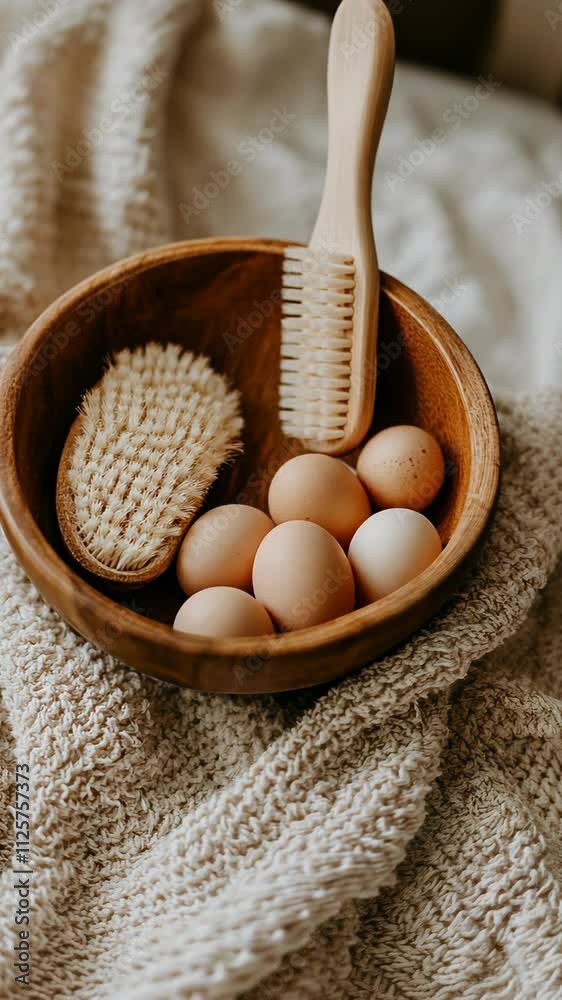 Natural kitchen setting with fresh eggs and wooden utensils on a cozy blanket Natural kitchen setting with fresh eggs and wooden utensils on a cozy blanket