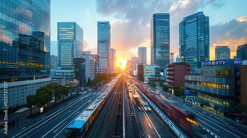 Urban cityscape at sunset with trains and traffic.