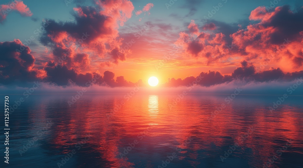 Vibrant sunset over calm ocean, reflecting fiery colors in water. Vibrant sunset over calm ocean, reflecting fiery colors in water.