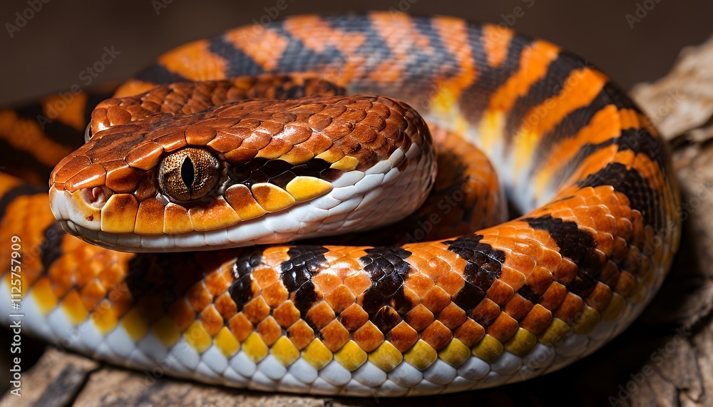 A captivating close-up of a hognose snake, showcasing its vibrant orange, black, and white scales. The intricate details of the snake's skin are highlighted. A captivating close-up of a hognose snake, showcasing its vibrant orange, black, and white scales. The intricate details of the snake's skin are highlighted.