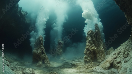 underwater hydrothermal vents with billowing columns of mineral-rich water, showcasing Earth's raw energy and fostering unique ecosystems teeming with life in the deep ocean