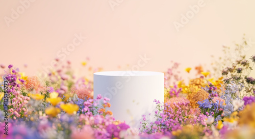 A serene floral field bursts with vibrant colors in full bloom, featuring a smooth white pedestal at the center, bathed in warm, soft light during the golden hour.