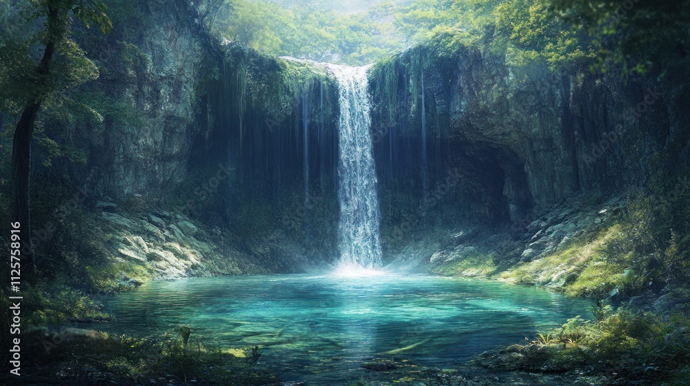 Serene Waterfall in Lush Green Forest Serene Waterfall in Lush Green Forest
