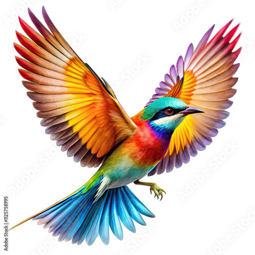 A beautiful bird with a striking array of colorful feathers flies gracefully displaying its wings in a breathtaking manner against a clear backdrop