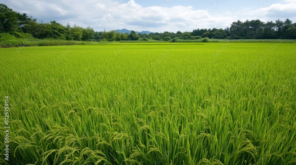 Lush green rice paddy field under a partly cloudy sky. Lush green rice paddy field under a partly cloudy sky.