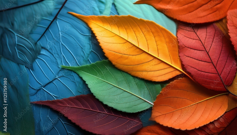 Fototapeta premium Autumnal Symphony: A vibrant collection of leaves in rich autumnal hues, showcasing a captivating interplay of colors and textures.
