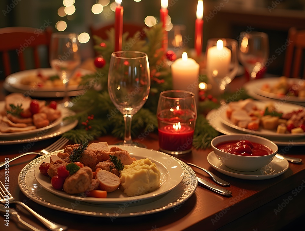 Naklejka premium Food Photography Warm Family Dinner Table Christmas Turkey Candles Bokeh Holiday Season