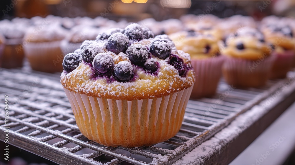 Freshly baked blueberry muffins rest on a cooling rack in a bakery. Each muffin is topped with a dusting of powdered sugar, enhancing their sweetness and visual appeal. Freshly baked blueberry muffins rest on a cooling rack in a bakery. Each muffin is topped with a dusting of powdered sugar, enhancing their sweetness and visual appeal.