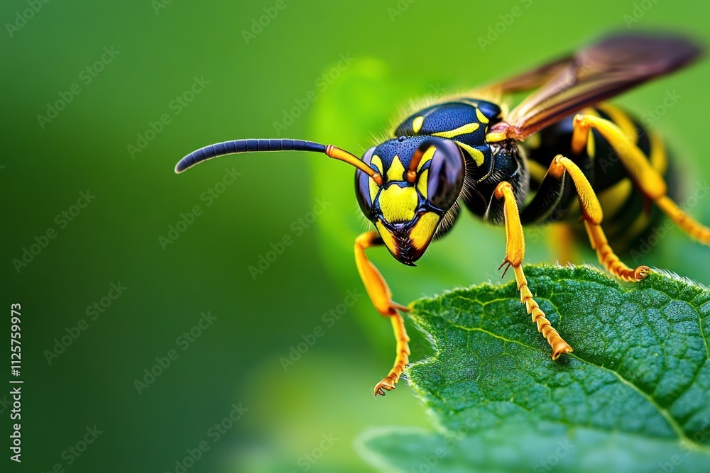 Naklejka premium Macro Photography of a Wasp on a Leaf