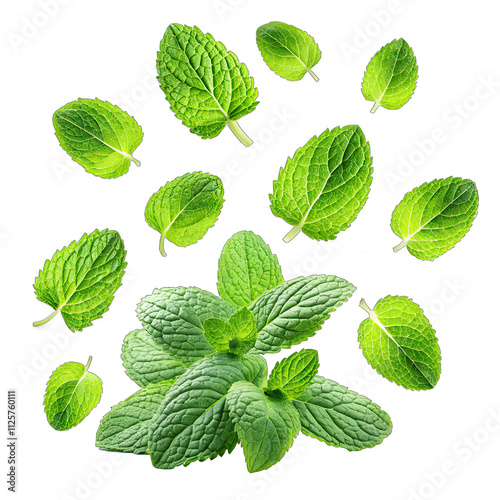 Vibrant spearmint leaves falling beautifully against a transparent background showcasing their rich green color and fresh texture ideal for culinary uses