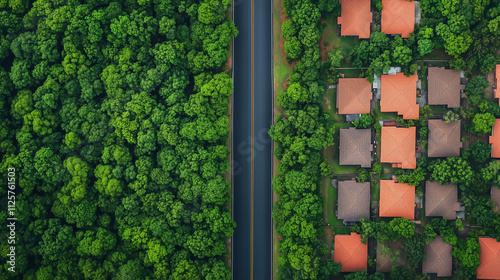 Aerial view of a road dividing lush green forest and suburban homes nature landscape tranquil environment photo