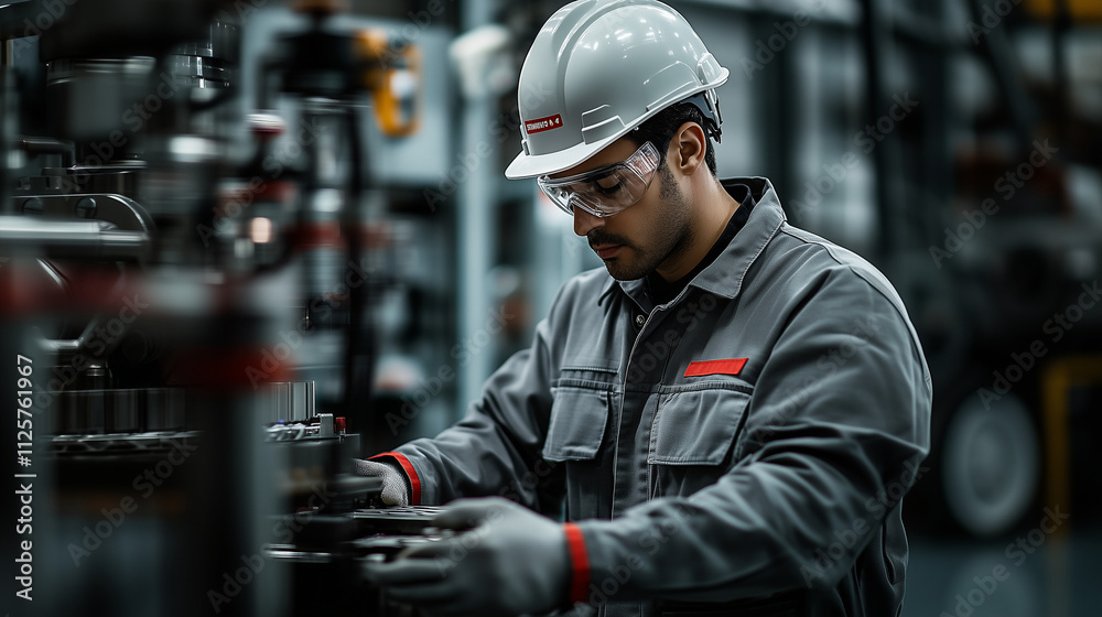 A high-resolution photo of a man working at an industrial plant, wearing safety goggles and a hard hat over a gray work jacket, operating modern machinery