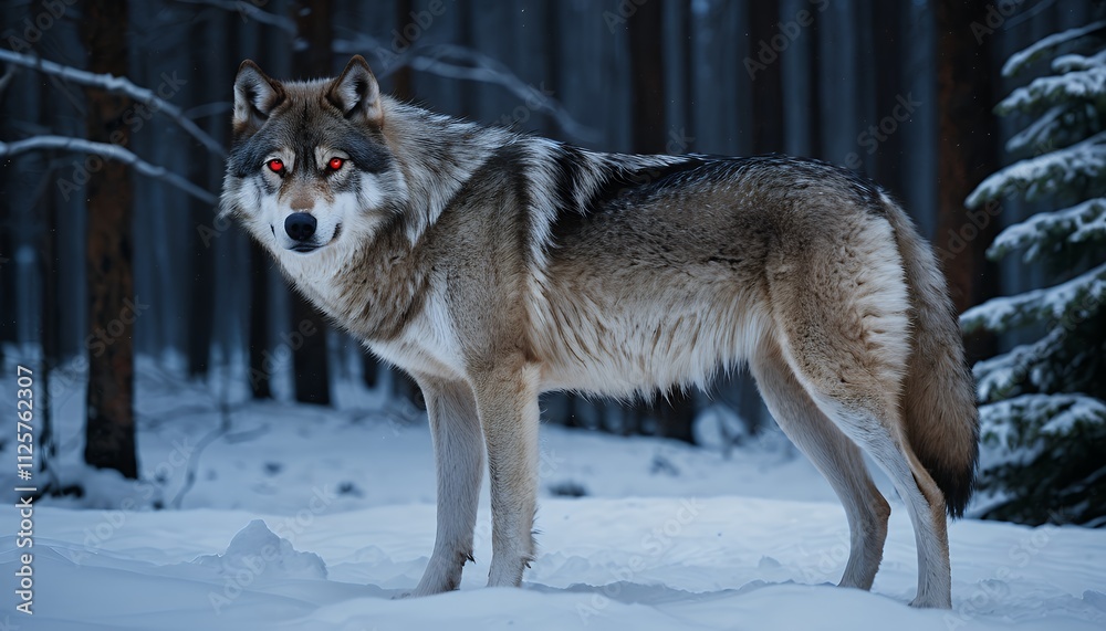 Fototapeta premium A gray wolf with glowing red eyes stands in a snowy winter forest at night. Majestic and wild.