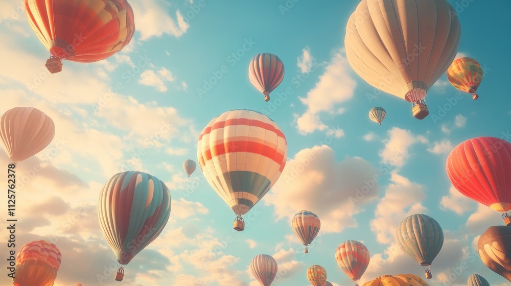 Obraz premium Colorful hot air balloons float in a sunny sky.