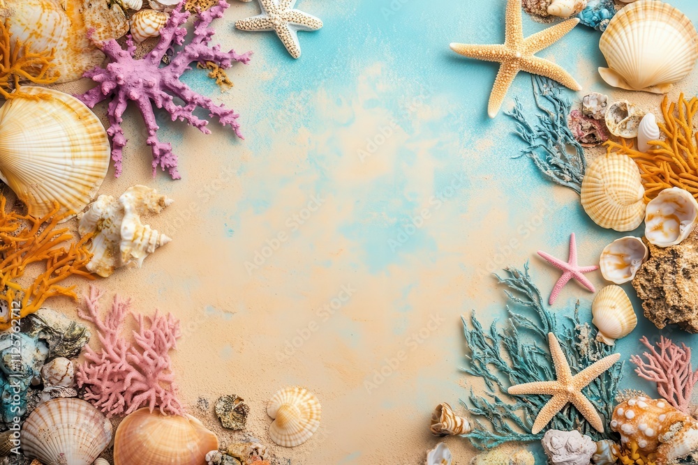 Obraz premium A vibrant arrangement of seashells and coral on a sandy beach background.