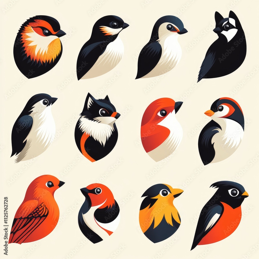 Naklejka premium A collection of stylized bird illustrations in various colors and shapes.