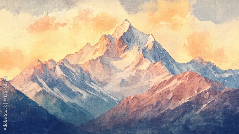 Watercolor painting of majestic sunset mountains. Watercolor painting of majestic sunset mountains.
