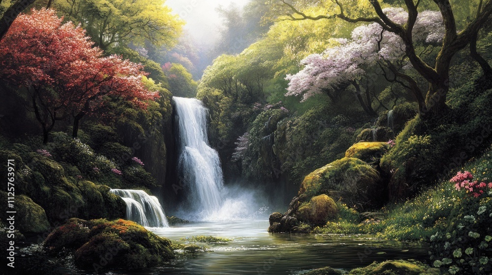 Serene Waterfall Paradise: A Breathtaking Cascading Waterfalls in Lush Greenery Serene Waterfall Paradise: A Breathtaking Cascading Waterfalls in Lush Greenery