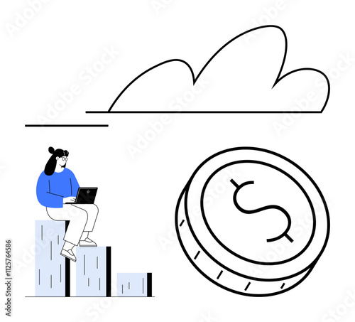 Woman using laptop while sitting on bar graph, large coin with dollar symbol, and cloud. Ideal for finance, data analysis, technology, remote work, online business economics digital marketing. Line