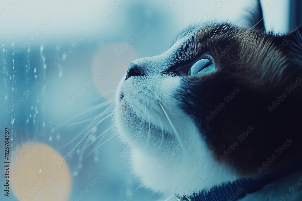 A Calico Cat Gazing Out the Window with Raindrops, Capturing a Moment of Reflection and Serenity Amidst a Soft Focus Background of Bokeh Lights A Calico Cat Gazing Out the Window with Raindrops, Capturing a Moment of Reflection and Serenity Amidst a Soft Focus Background of Bokeh Lights