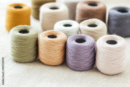 A Colorful Arrangement of Spools of Yarn on a Soft Textile Background, Showcasing Unique Texture and Harmony in Soft Pastel Tones for Creative Uses photo