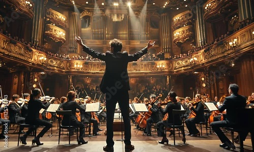 Orchestra conductor leading a symphony in a grand concert hall.