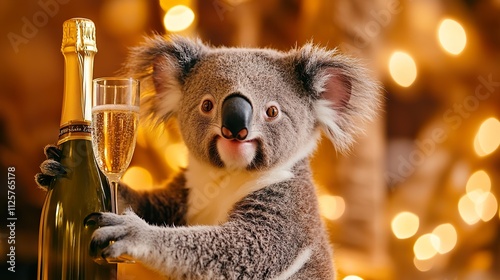 Adorable koala bear holding champagne bottle and glass against bokeh lights. photo