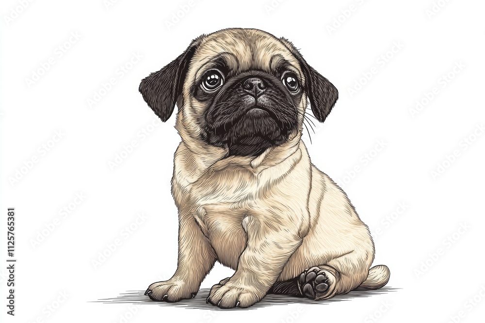A cute illustration of a sitting pug puppy with expressive eyes. A cute illustration of a sitting pug puppy with expressive eyes.