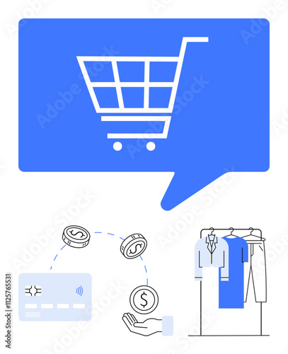 Shopping cart in blue speech bubble, hand with coins and credit card, hanging clothing. Ideal for e-commerce, online shopping, payment methods, retail, digital marketing, fashion sites user