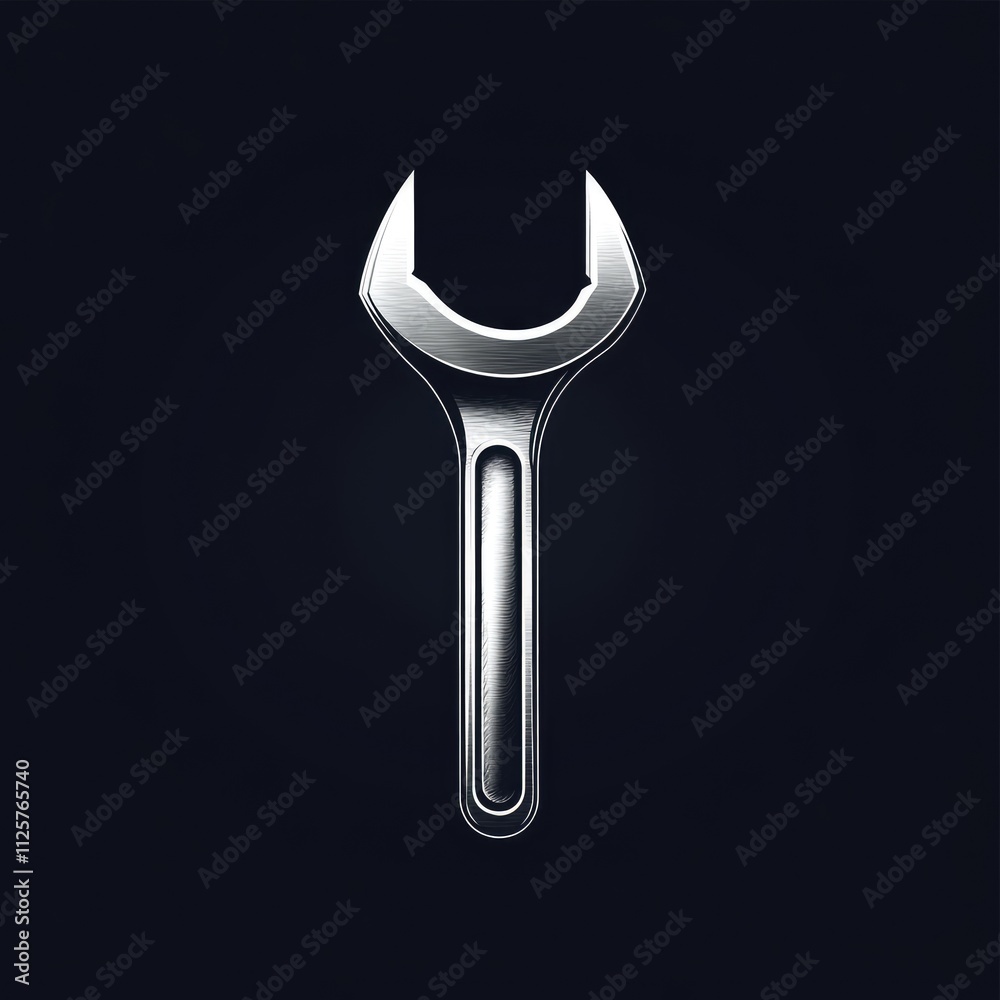 A metallic wrench with a distinctive design against a dark background. A metallic wrench with a distinctive design against a dark background.