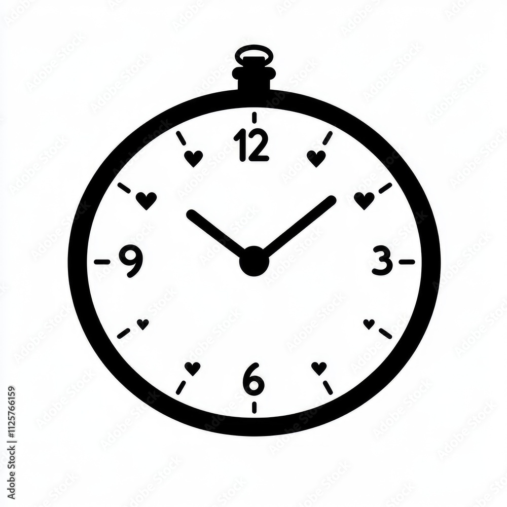 A minimalist clock illustration featuring heart-shaped hour markers. A minimalist clock illustration featuring heart-shaped hour markers.