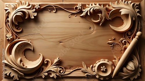 Intricate Hand-Carved Wooden Panel with Ornate Floral Frame photo