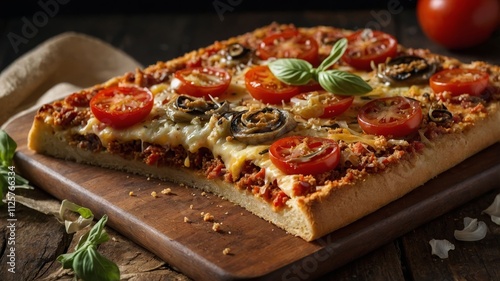 Close up of sicilian pizza with tasty toppings photo