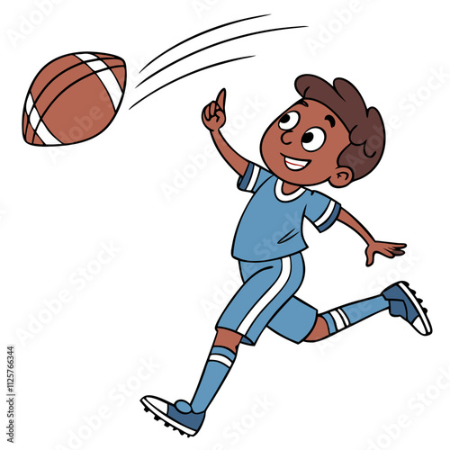 Boy in blue uniform joyfully playing football and aiming for the ball during a sunny afternoon in the park