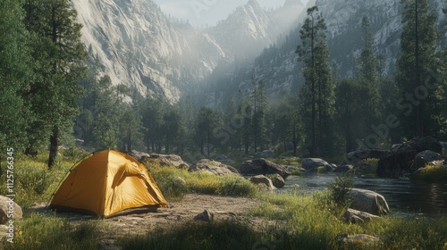 Solo camping tent by a river in a misty mountain valley. photo