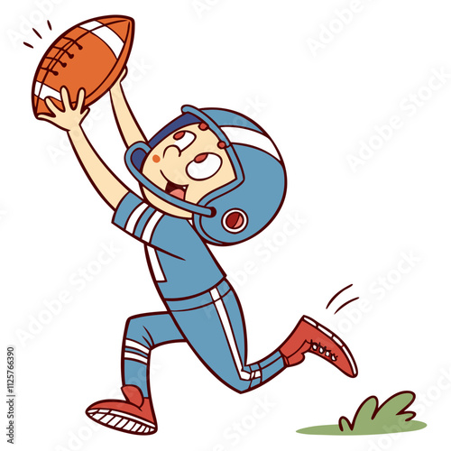 Boy in blue uniform catches football with excitement during afternoon playtime outdoors