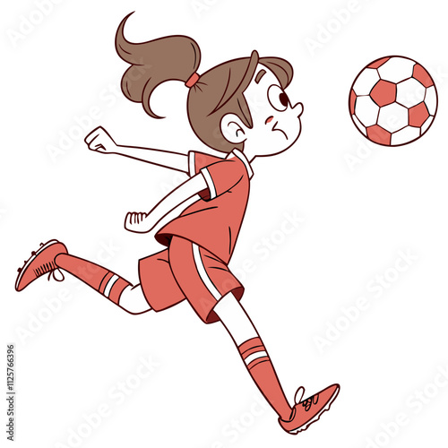 Girl in red uniform practices association football while kicking a soccer ball on a grassy field in bright daylight