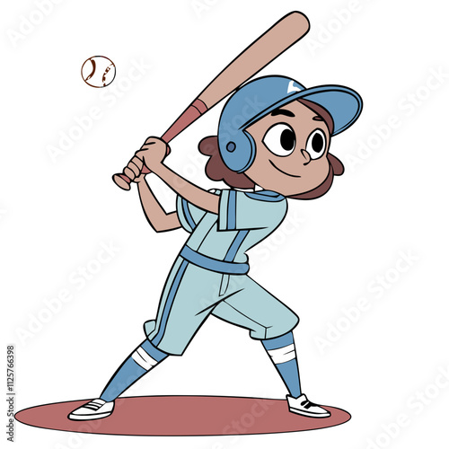 Girl in blue uniform swinging a baseball bat with focus and determination during a youth baseball game