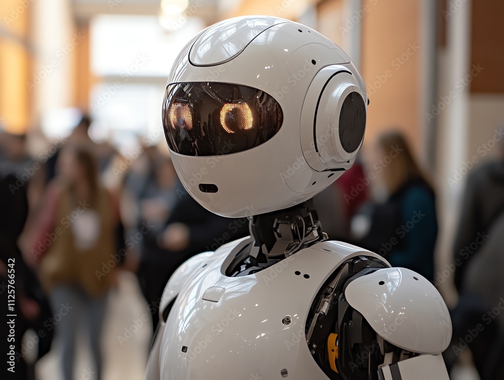 Fototapeta premium A humanoid robot stands in a crowded space, showcasing advanced technology and design.