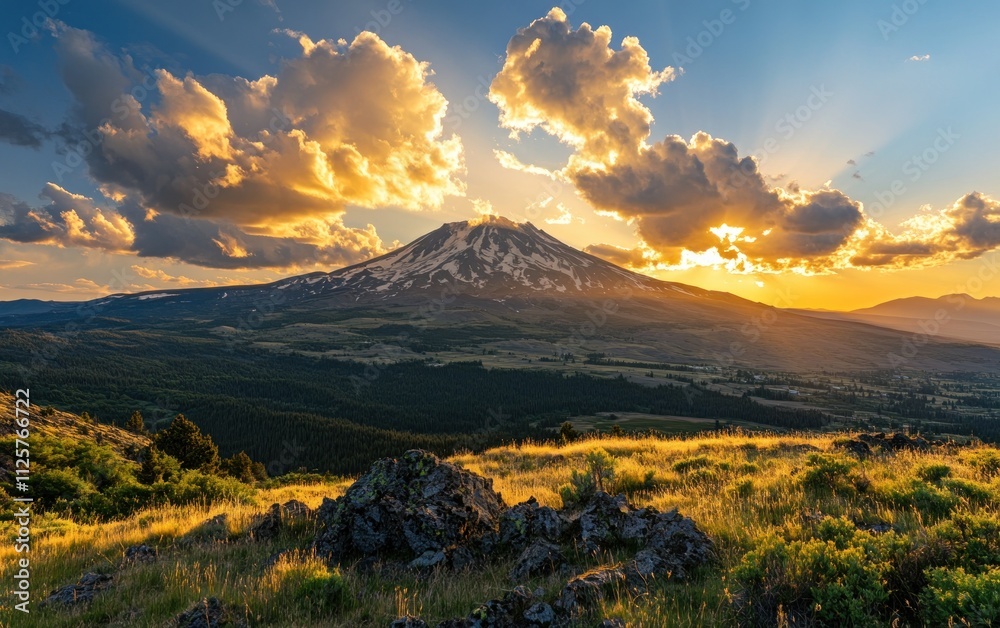 Fototapeta premium Scenic Mountain Landscape with Golden Sunset and Dramatic Clouds