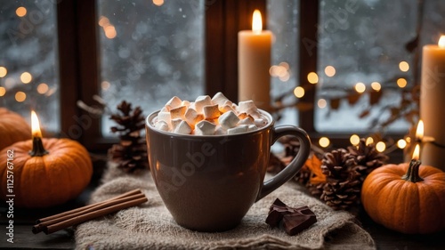 Cozy autumn hot cocoa by window with pumpkins