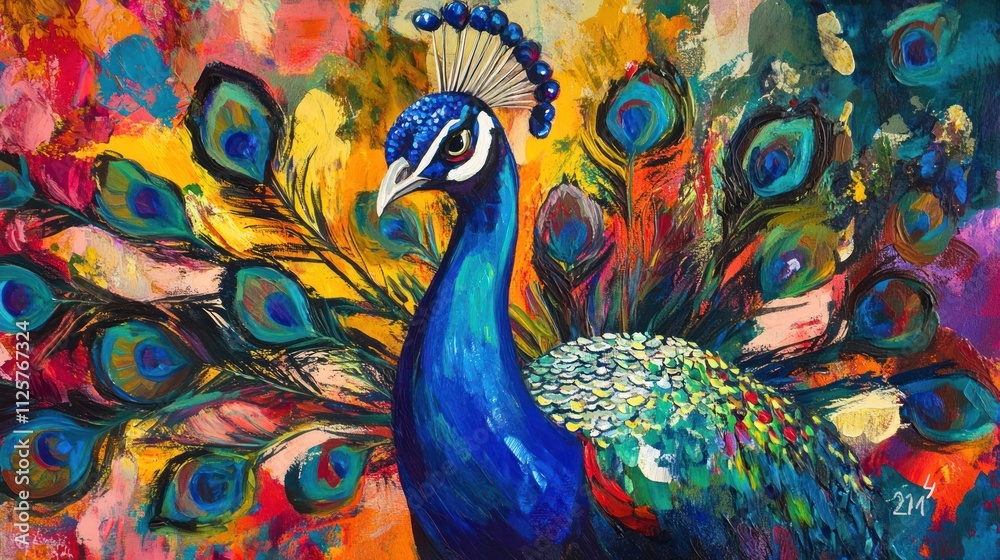 Fototapeta premium Vibrant peacock painting with colorful background.