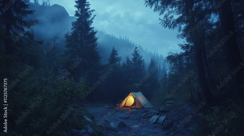 Illuminated tent in misty mountain forest at night. Illuminated tent in misty mountain forest at night.