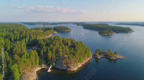 Aerial view of the Baltic Sea, with calm blue waters and small islands scattered across the horizon, captured from a drone. The sky is clear with a few clouds, emphasizing the vastness of the sea