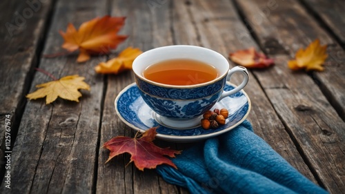 Cozy tea cup on rustic autumn table
