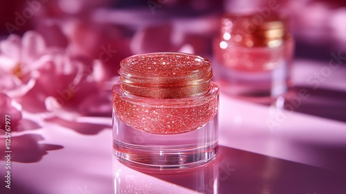 Sparkling Cosmetic Gel in Elegant Clear Jar with Pink Background